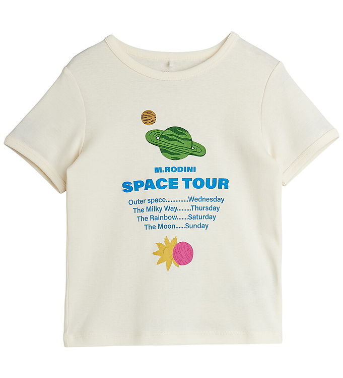 Mini Rodini T-shirt Råhvid Med Space Tour Print - Str. 4-5y 104/110cm