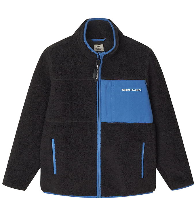 Mads Nørgaard Jeffo Teddy Fleece Jakke Jet Black Med Blå Brystlomme - Str. 10y 140cm