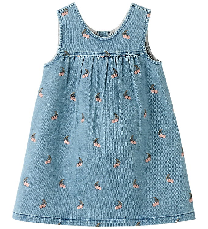 Lil' Atelier Spencerkjole Medium Blå Denim Med Kirsebærbroderi - Str. 2y 92cm