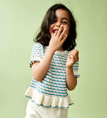 FUB T-shirt - Strik - Ecru/Sea m. Hulmønster