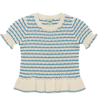 FUB T-shirt - Strik - Ecru/Sea m. Hulmønster