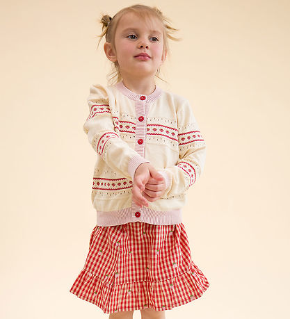 Flöss Cardigan - Strik - Lelou - Soft White/Berry Stripe