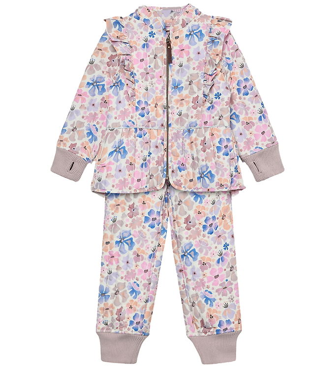 En Fant Termosæt Cloud Gray Med Blomsterprint Og Flæser - Str. 4y 104cm