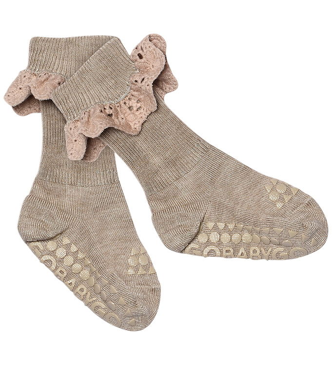 GoBabyGo Skridsikre Strømper - Light Brown Melange m. Blonder billede