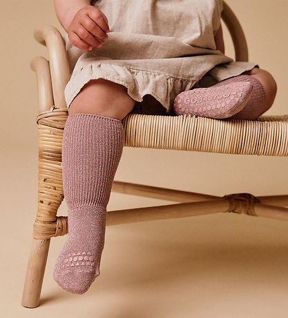 GoBabyGo Strømper - Non-Slip - Woodrose m. Glitter