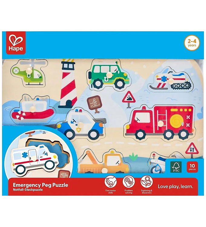 Hape Puslespil - Træ - 9 Brikker - Redningskøretøjer