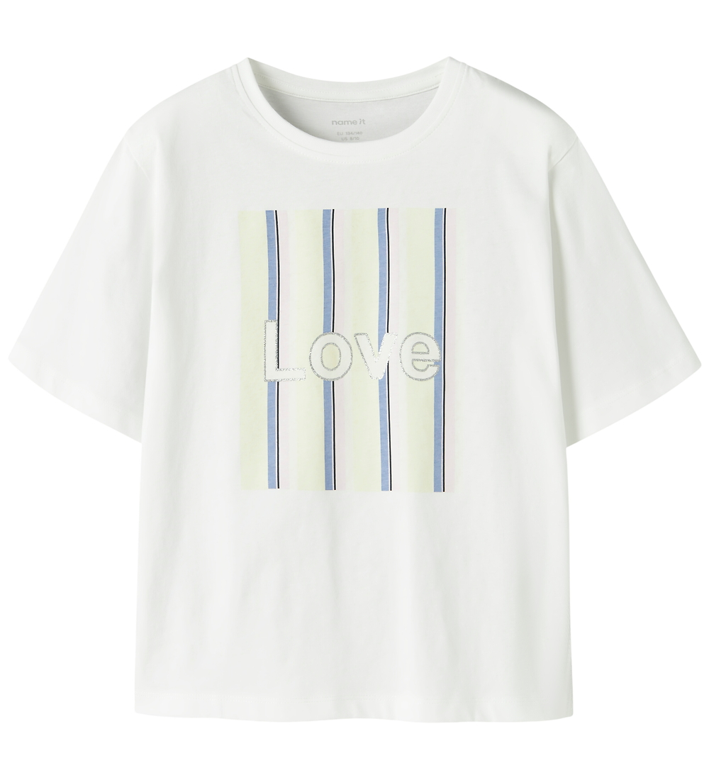 Name It T-Shirt - NkfFalala - Bright White/Pear Sorbet Streifen - Name It - 7-8 Jahre (122-128) - T-Shirts