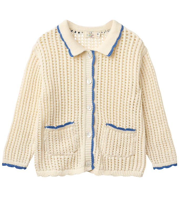 HÆKLET CARDIGAN LS - CREAM W OCEAN BLUE - CREAM W OCEAN BLUE / 98