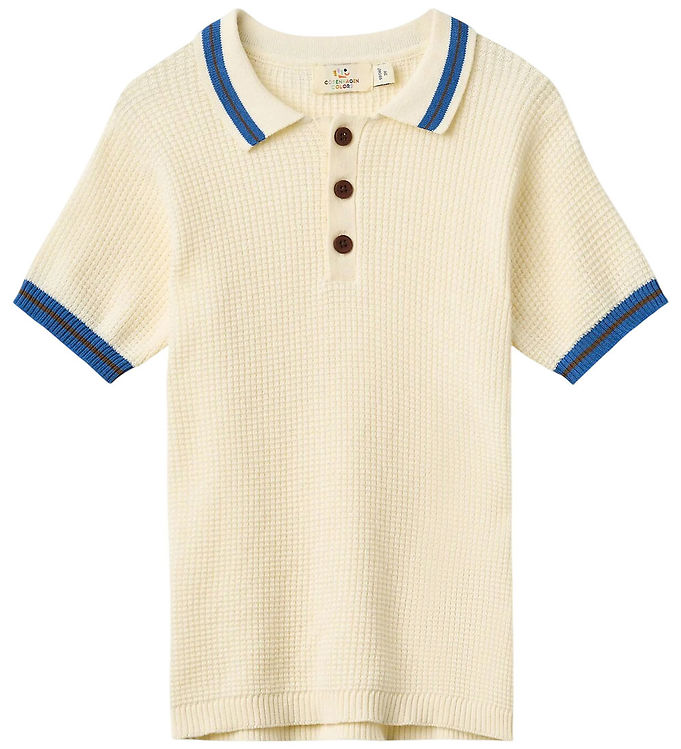 STRIKKET POLO MED MØNSTER - CREAM, BLUE, BROWN COMB. - CREAM, BLUE, BROWN COMB. / 92