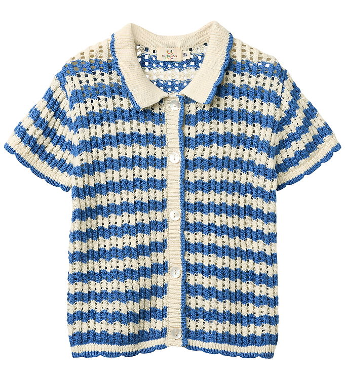 Kortærmet strikcardigan med hæklemønster - Ocean Blue/Cream Comb. - Ocean Blue/Cream Comb. / 116