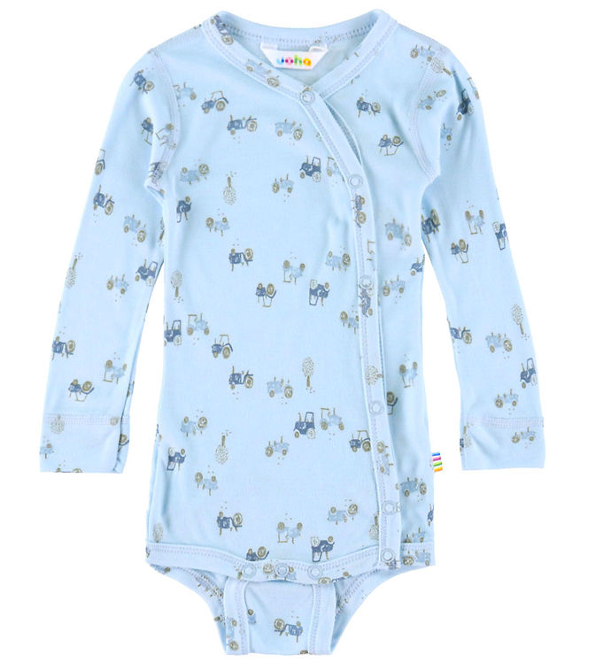 Joha Slå-om Body l/æ - Bambus - Lyseblå m. Traktorer