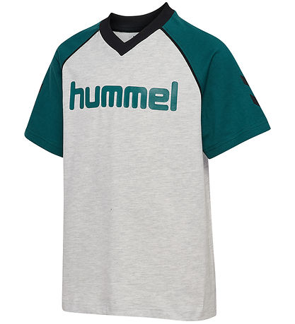 Hummel T-Shirt - hmlJR Reg V-Neck - Grå/Mørkegrøn/Sort