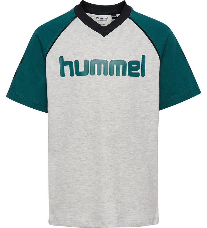 Hummel T-Shirt - hmlJR Reg V-Neck - Grå/Mørkegrøn/Sort