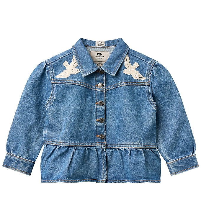 DENIM JAKKE MED FLÆSE OG HÆKLEDE DUER - INDIGO BLUE WASHED - INDIGO BLUE WASHED / 98
