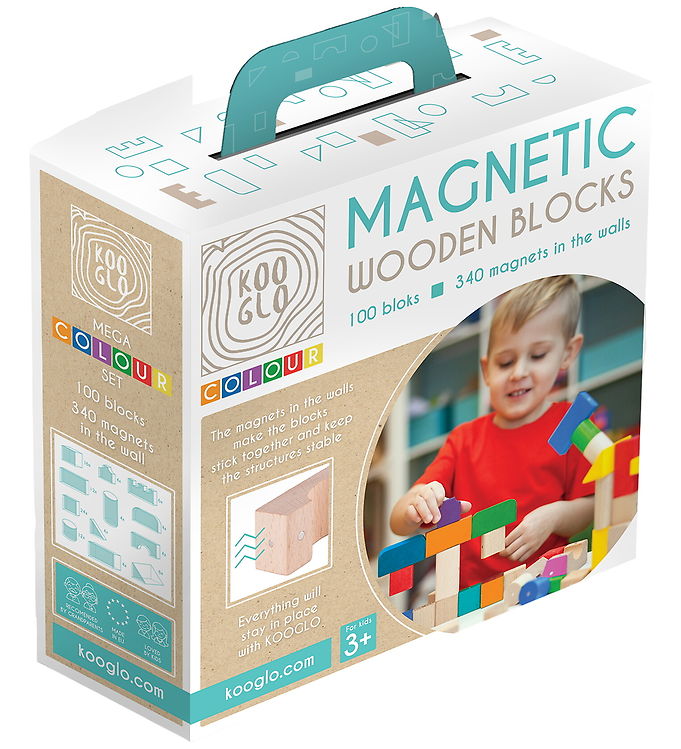 Kooglo Magnetiske Byggeklodser - Træ - 100 Stk. - Mega Colour