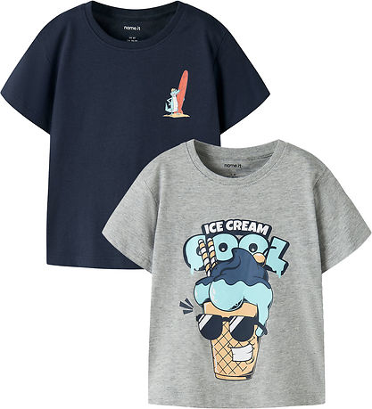 Name It T-shirt - 2-pak - NmmVagno - Grey Melange/Navy Blazer