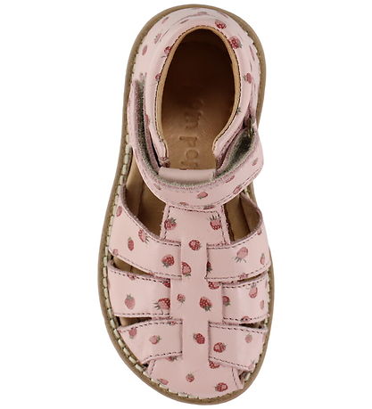 Pom Pom Sandaler - Velcro - Dusty Rose Strawberry AOP