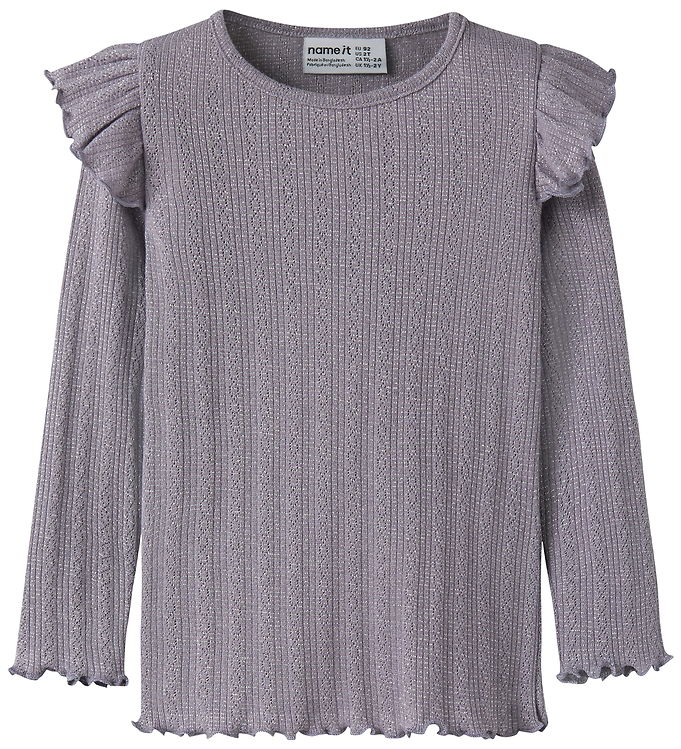 Name It Bluse - Rib/Hulmønster - NmfBlitta - Lavender Gray/Melan