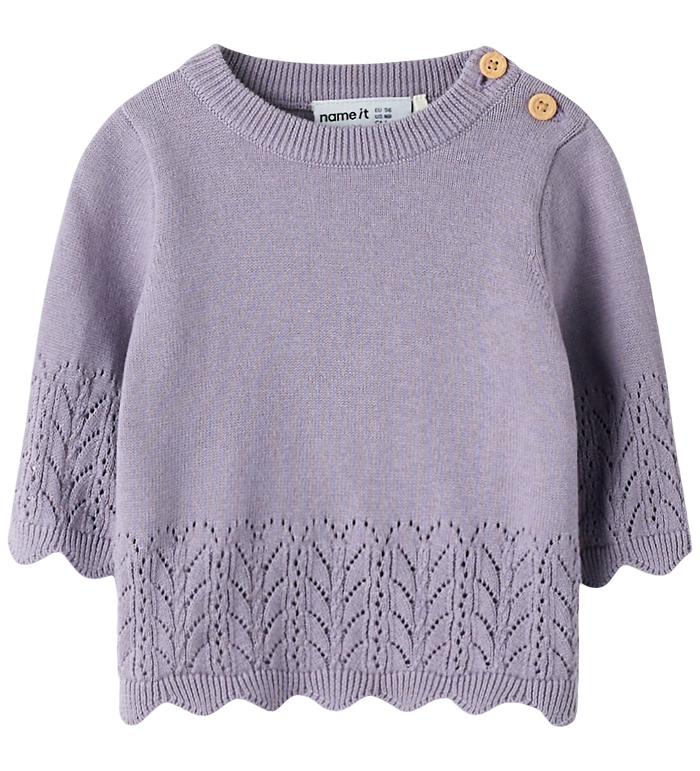 Name It Bluse - Strick - NbfBrit - Lavender Grau m. Lochmuster - Name It - 62 - Blusen