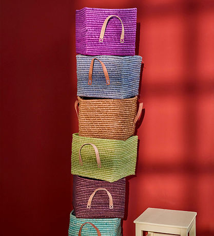 Rice Kurv m. Læder Håndtag - Raffia - 20x20 cm - Apple Green