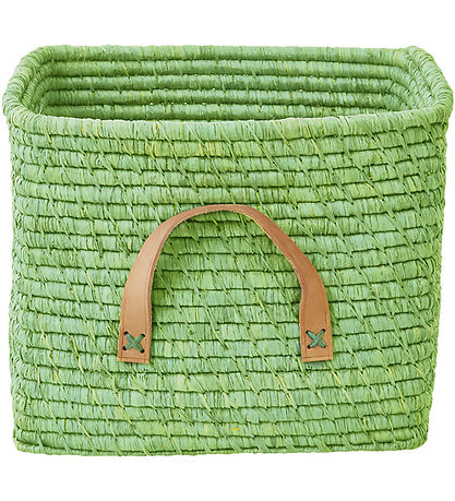 Rice Kurv m. Læder Håndtag - Raffia - 20x20 cm - Apple Green