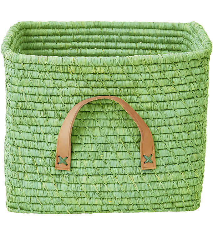 Rice Kurv m. Læder Håndtag - Raffia - 30x30 cm - Apple Green