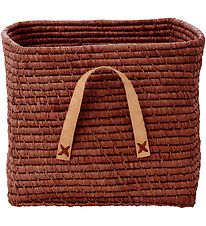 Rice Basket w. Leather Handle - Raffia - 20x20 cm - Chocolate Br