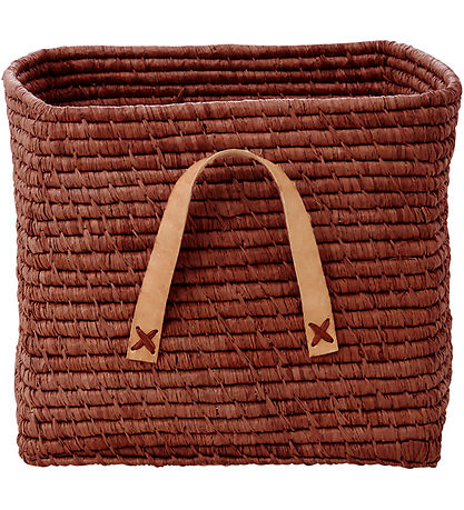 Rice Kurv m. Læder Håndtag - Raffia - 20x20 cm - Chocolate Brown