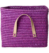 Rice Basket w. Leather Handle - Raffia - 20x20 cm - Prune