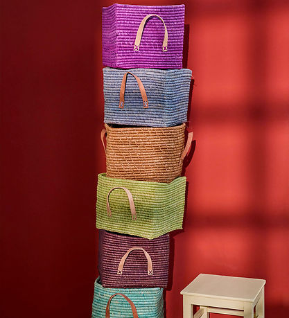 Rice Kurv m. Læder Håndtag - Raffia - 20x20 cm - Prune