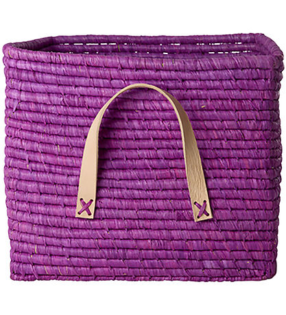 Rice Kurv m. Læder Håndtag - Raffia - 20x20 cm - Prune