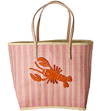 Rice Bag w. Leather Handle - Pink Stripes Duck Embroidered Lobst