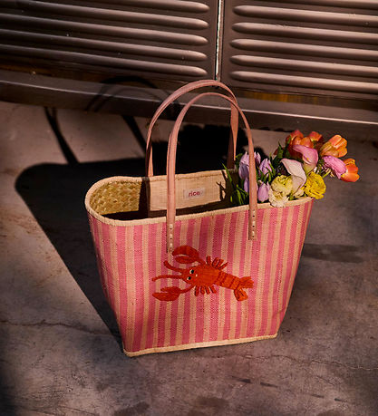 Rice Taske m. Læder Håndtag - Pink Stripes And Embroidered Lobst