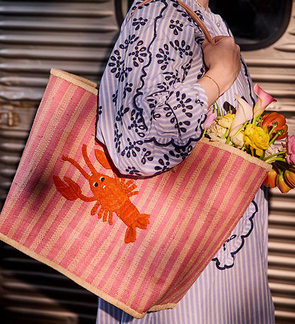 Rice Taske m. Læder Håndtag - Pink Stripes And Embroidered Lobst