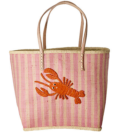 Rice Taske m. Læder Håndtag - Pink Stripes And Embroidered Lobst