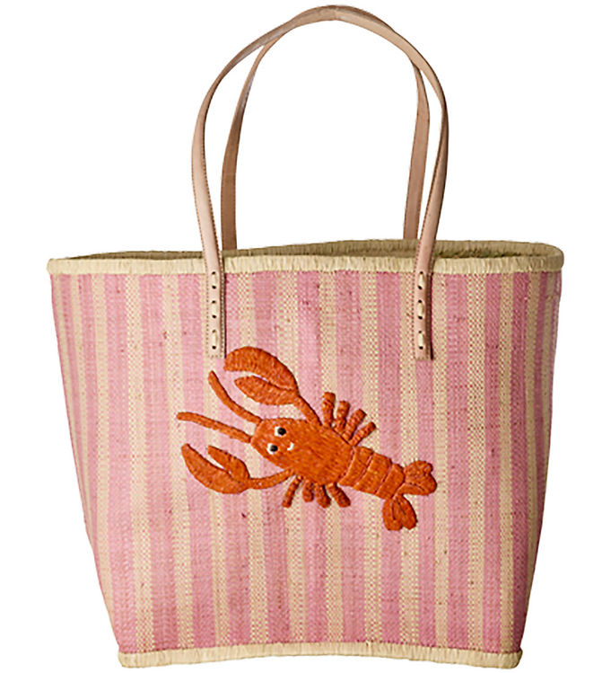 Rice Taske m. Læder Håndtag - Raffia - Pink Stripes And Embroide