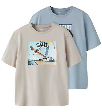 Name It T-shirt - 2-pak - NkmVoto - Blue Fog/Chateau Gray