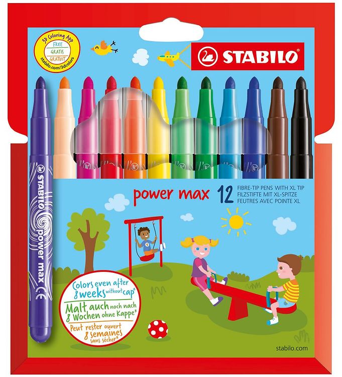 Stabilo Power Max Børnetusch 12 farver - 3mm streg - kan tåle at ligge uden hætte i op til 8 uger uden at tørre ud