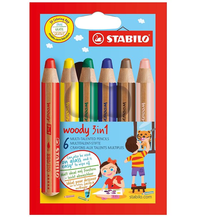 STABILO woody 3 in 1 sæt med 6 farver. 3 i 1 blyanten med farveblyant, vandfarve og vokskridt i samme blyant