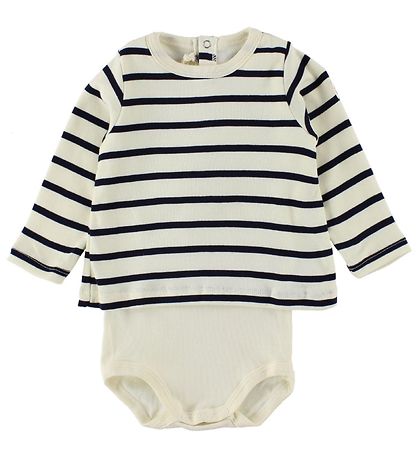 Petit Bateau Body m. Bluse - L/Æ - Creme/Navystribet